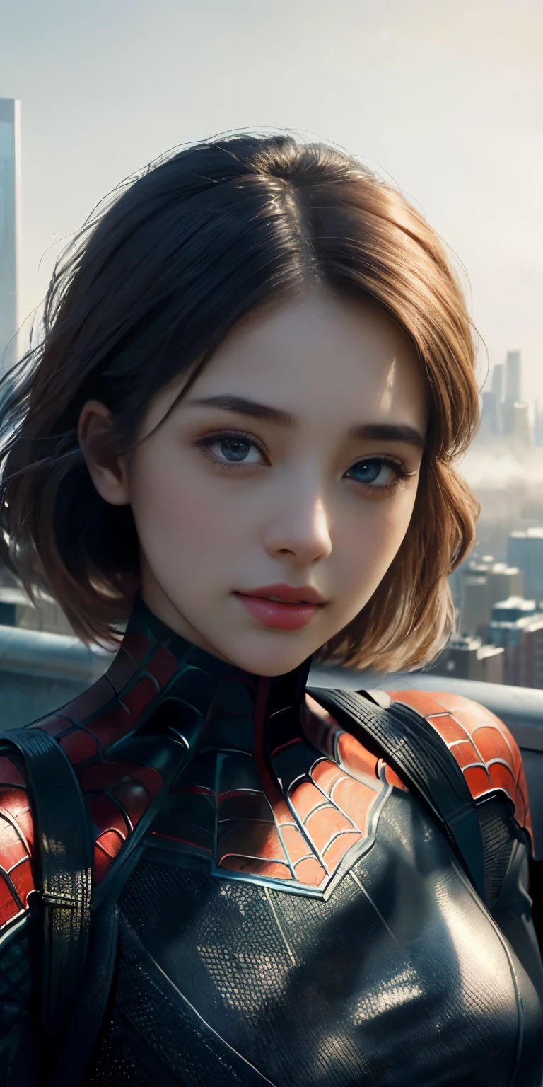 (1girl:1.3), Solo, (((Very detailed face)))), ((Very detailed eyes and face)))), Beautiful detail eyes, Body parts__, Official art, Unified 8k wallpaper, Super detailed, beautiful and beautiful, beautiful, masterpiece, best quality, original, masterpiece, super fine photo, best quality, super high resolution, realistic realism, sunlight, full body portrait, amazing beauty, dynamic pose, delicate face, vibrant eyes, (from the front), She wears Spider-Man suit, red and black color scheme, spider, very detailed city roof background, rooftop, overlooking the city, detailed face, detailed complex busy background, messy, gorgeous, milky white, highly detailed skin, realistic skin details, visible pores, clear focus, volumetric fog, 8k uhd, DSLR, high quality, film grain, fair skin, photo realism, lomography, futuristic dystopian megalopolis, translucent