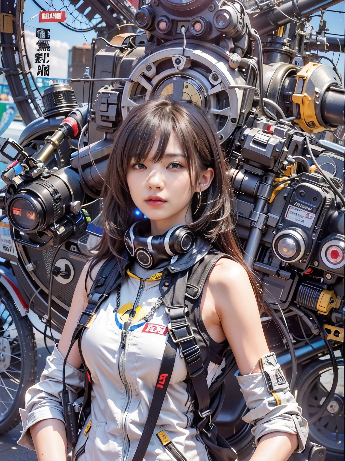 (RAW shooting, Photorealistic:1.5), 8k, highest quality, masterpiece, Ultra-high resolution),Motorcycle Pictures、Perfect dynamic composition:1.2,YAMAHA yzf-r6、Japanese women、Beautiful Face、Neo Cafe Racer Custom、Cowl、Photorealistic、Extremely intricate details、Exact bike details