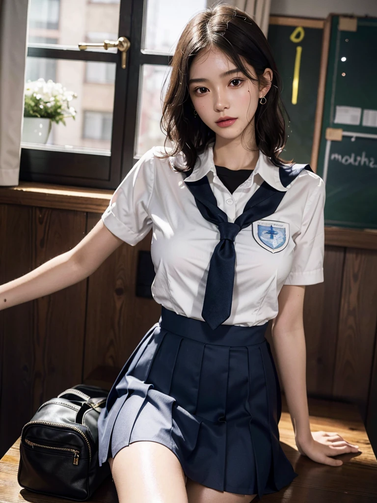 absurdres, RAW photo, extremely delicate and beautiful, masterpiece, Best Quality, ultra high resolution, 32k, hyperrealistic, ultra-detailed, perfect anatomy, anatomically correct, perfect figure, super Detailed skin, 20 years old, very Slim body, narrow waist, very small head, very small face, delicate facial features, detailed face, detailed eyes, tearful mole, earring, thin legs, bare legs, ((very huge round breasts)), short medium hair, ((wavy hair)), wet clothes, (((school uniform))),