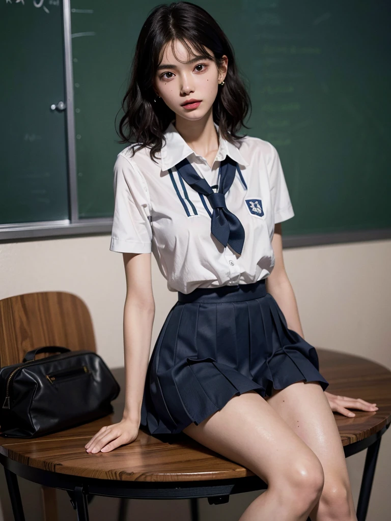 absurdres, RAW photo, extremely delicate and beautiful, masterpiece, Best Quality, ultra high resolution, 32k, hyperrealistic, ultra-detailed, perfect anatomy, anatomically correct, perfect figure, super Detailed skin, 20 years old, very Slim body, narrow waist, very small head, very small face, delicate facial features, detailed face, detailed eyes, tearful mole, earring, thin legs, bare legs, ((very huge round breasts)), short medium hair, ((wavy hair)), wet clothes, (((school uniform))),