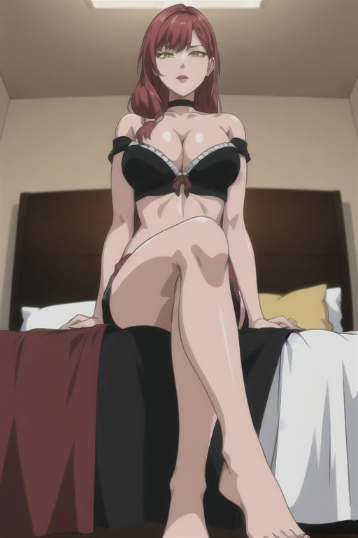 masterpiece, best quality, highres, 1 girls, hirokotakashiro,  micro ruffle skirt, black off shoulder crop top , bedroom, full body shot, (smug:0.3), looking at viewer, focus solo, sexy pose, crossing legs, mature, flip flops, detailed feet, busty, cleavage, redhead, seductive, dangling shoes, red eyeshadow, glossy lips, black choker, long hair, sitting on bed, complete body, seducing, yellow eyes,   