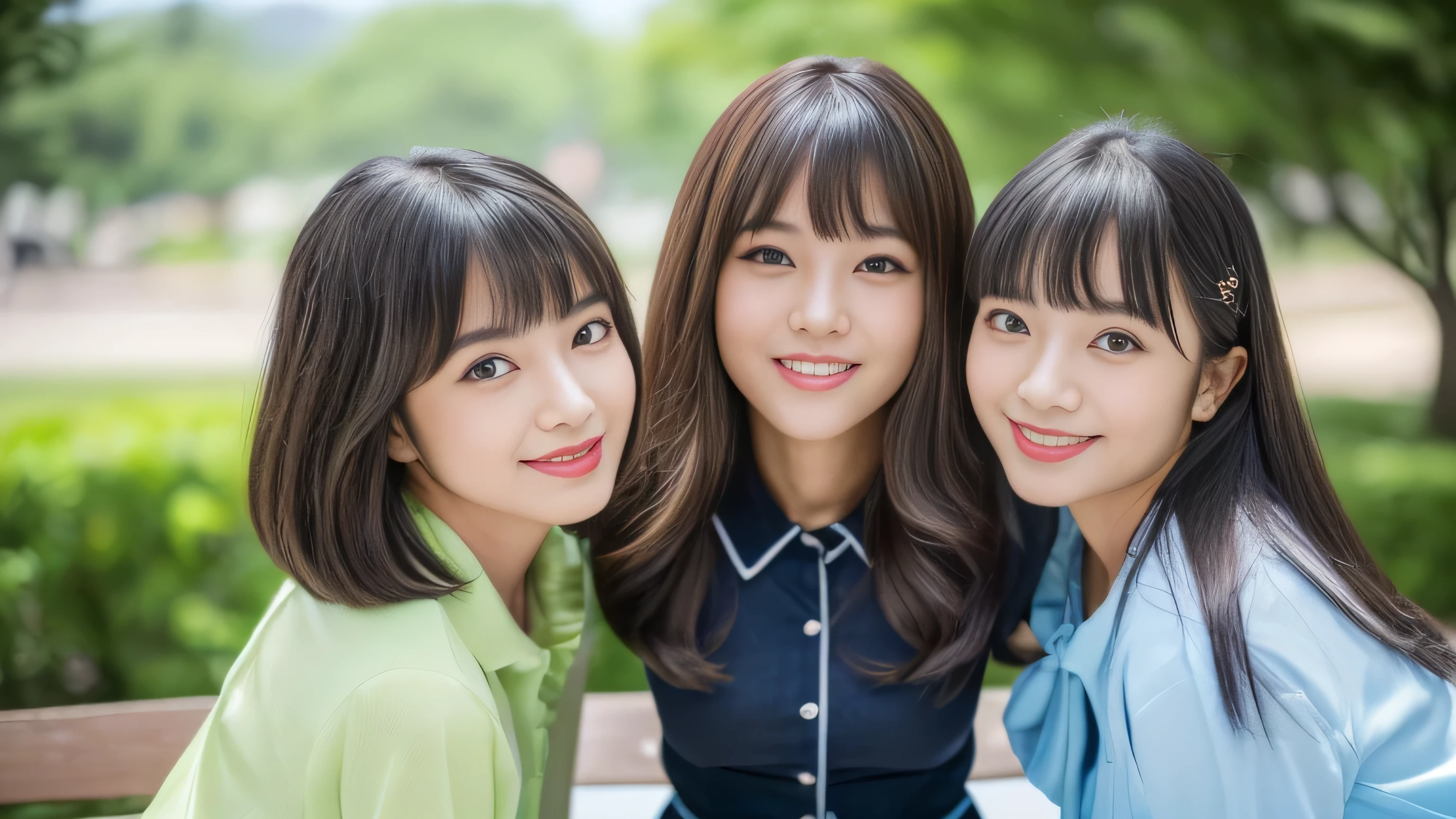 (((Front view of three close sisters posing together sitting on a park bench:1.3))) highest quality, masterpiece, Familiar Get used to it Perfect Face ((The eldest daughter, 24 years old, is in the center.、Professionally applied sexy make-up Lipstick is red:1.1. The eyeliner is a beautiful black The bangs are perfect full bangs:1.1 Her highest quality and most detailed hair is jet black, very long, Straight hair that almost reaches the ground:2.0. I narrowed my eyes.、The face is thin、Dignified features expensive、Have a typical Japanese body type Excessive breasts:1.5 Japanese skin tone and ultra-precise skin Her smile is sexy Very beautiful teeth She is wearing a long black pleated skirt and a light green blouse Look straight ahead and at the viewer highest quality masterpiece Get used to it Rich 1.4 Extremely detailed 8K Ultra-fine skin texture 1.4 Actual, Vibrant:1.4, double eyelid Sharp focus:1.2、Beautiful woman:1.4)) ((The 21-year-old second daughter on the left is cute.., Professional makeup. Uneven bangs and princess cut Her highest quality and most detailed hair is light brown.、Long, everlasting waves that reach the ground:2.0 Large Breasts:1.5 Average height and typical Japanese buildよりややスリム Ultra-precise reproduction of Japanese skin and skin tones When I met my third daughter、I laughed out loud... Wearing blue jean hot pants and a blue collared shirt Your teeth are so beautiful highest quality masterpiece Get used to it Rich 1.4 Extremely detailed 8K Ultra-fine skin texture 1.4 Actual, Vibrant:1.4 double eyelid Sharp focus:1.2、Beautiful woman:1.4)) ((The 18-year-old third daughter on the right has perfect baby face makeup..... Her bangs are perfectly aligned、Hanging straight down. Her highest quality and most detailed hair is lovely, perfectly straight, and incredibly long, straight blonde hair that reaches the ground and goes on forever.:2.0. Large Breasts:1.4 Average height and typical Japanese build Japanese skin tone and ultra-precise skin She was shocked by her second daughter...、I was surprised to see my second daughter...。.:1.Formula 1 she is wearing a white dress Your teeth are so beautiful highest quality masterpiece Get used to it Rich 1.4 Extremely detailed 8K Ultra-fine skin texture 1.4 Actual, Vibrant:1.4 double eyelid Sharp focus:1.2、Beautiful woman:1.4)) This is a park bench RAW photos taken by professional photographers using SLR cameras