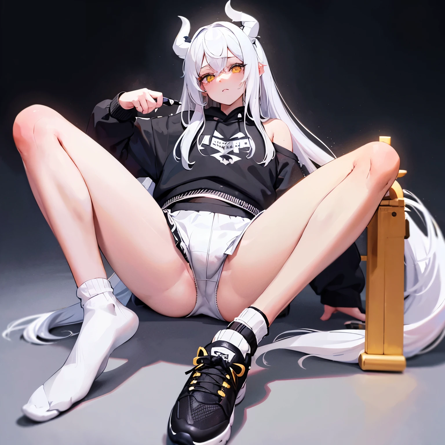young woman, long white hair, black horns, black sweatshirt, short shorts, with white socks, black, yellow and white sneakers