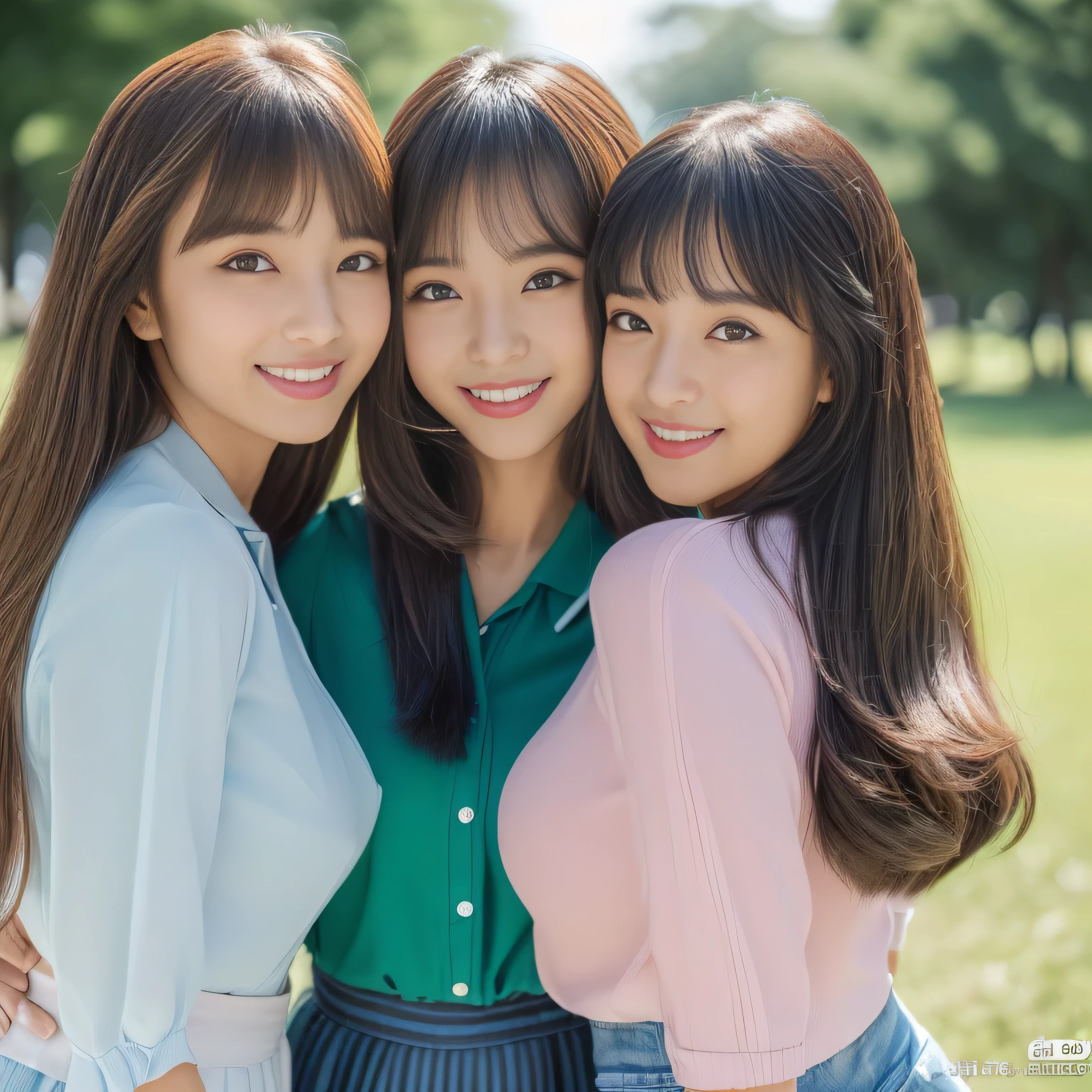 (((A frontal shot of three close sisters posing together for a photo in a park:1.3)))　highest quality, masterpiece, Familiar　Get used to it　Perfect Face　((central:1.The eldest daughter of No. 2, 24, is、Professionally applied sexy make-up　Lipstick is red:1.1. The eyeliner is a beautiful black　The bangs are perfect full bangs：1.1　Her highest quality and most detailed hair is jet black, very long, Straight hair that almost reaches the ground:2.0.　I narrowed my eyes.、The face is thin、Dignified features　expensive、Have a typical Japanese body type　Excessive breasts:1.5　Japanese skin tone and ultra-precise skin　Her smile is sexy　Very beautiful teeth　She is wearing a long black pleated skirt and a light green blouse　Look straight ahead and at the viewer　highest quality　masterpiece　Get used to it　Rich 1.4　Extremely detailed 8K　Ultra-fine skin texture 1.4　Actual, Vibrant:1.4,　double eyelid　Sharp focus:1.2、Beautiful woman:1.4))　((The 21-year-old second daughter on the left is cute.., Professional makeup.　Uneven bangs and princess cut　Her highest quality and most detailed hair is light brown.、Long, everlasting waves that reach the ground:2.0　Large Breasts:1.5　Average height and typical Japanese buildよりややスリム　Ultra-precise reproduction of Japanese skin and skin tones　When I met my third daughter、I laughed out loud...　Wearing blue jean hot pants and a blue collared shirt　Your teeth are so beautiful　highest quality　masterpiece　Get used to it　Rich 1.4　Extremely detailed 8K　Ultra-fine skin texture 1.4　Actual, Vibrant:1.4　 double eyelid　Sharp focus:1.2、Beautiful woman:1.4))　((The 18-year-old third daughter on the right has perfect baby face makeup.....　Her bangs are perfectly aligned、Hanging straight down.　Her highest quality and most detailed hair is lovely, perfectly straight, and incredibly long, straight blonde hair that reaches the ground and goes on forever.:2.0.　Large Breasts:1.4　Average height and typical Japanese build　Japanese skin tone and ultra-precise skin　She was shocked by her second daughter...、I was surprised to see my second daughter...。.:1.Formula 1　she is wearing a white dress　Your teeth are so beautiful　highest quality　masterpiece　Get used to it　Rich 1.4　Extremely detailed 8K　Ultra-fine skin texture 1.4　Actual, Vibrant:1.4　 double eyelid　Sharp focus:1.2、Beautiful woman:1.4))　This is a park bench　RAW photos taken by professional photographers using SLR cameras