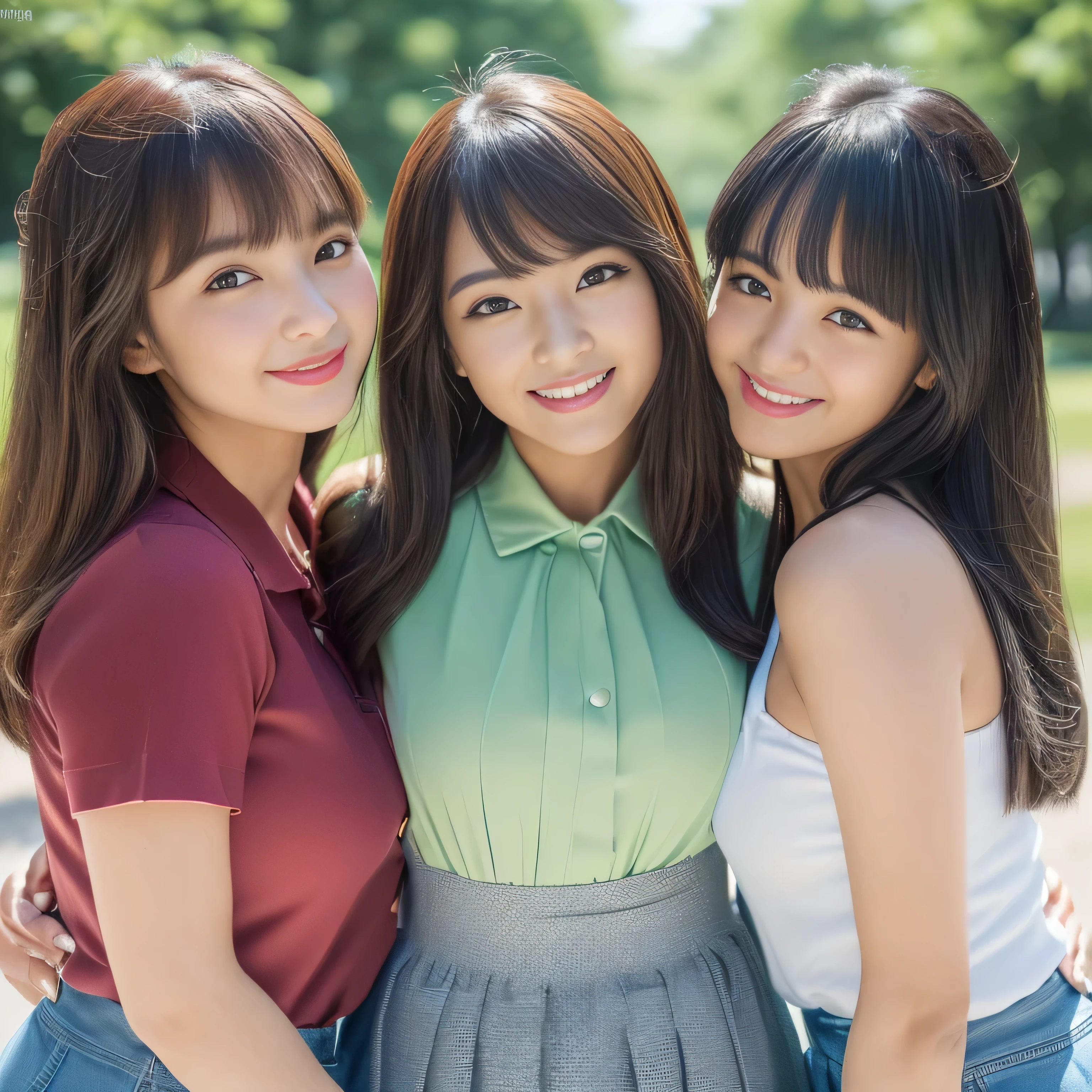 (((A frontal shot of three close sisters posing together for a photo in a park:1.3))) highest quality, masterpiece, Familiar Get used to it Perfect Face ((central:1.The eldest daughter of No. 2, 24, is、Professionally applied sexy make-up Lipstick is red:1.1. The eyeliner is a beautiful black The bangs are perfect full bangs:1.1 Her highest quality and most detailed hair is jet black, very long, Straight hair that almost reaches the ground:2.0. I narrowed my eyes.、The face is thin、Dignified features expensive、Have a typical Japanese body type Excessive breasts:1.5 Japanese skin tone and ultra-precise skin Her smile is sexy Very beautiful teeth She is wearing a long black pleated skirt and a light green blouse Look straight ahead and at the viewer highest quality masterpiece Get used to it Rich 1.4 Extremely detailed 8K Ultra-fine skin texture 1.4 Actual, Vibrant:1.4, double eyelid Sharp focus:1.2、Beautiful woman:1.4)) ((The 21-year-old second daughter on the left is cute.., Professional makeup. Uneven bangs and princess cut Her highest quality and most detailed hair is light brown.、Long, everlasting waves that reach the ground:2.0 Large Breasts:1.5 Average height and typical Japanese buildよりややスリム Ultra-precise reproduction of Japanese skin and skin tones When I met my third daughter、I laughed out loud... Wearing blue jean hot pants and a blue collared shirt Your teeth are so beautiful highest quality masterpiece Get used to it Rich 1.4 Extremely detailed 8K Ultra-fine skin texture 1.4 Actual, Vibrant:1.4 double eyelid Sharp focus:1.2、Beautiful woman:1.4)) ((The 18-year-old third daughter on the right has perfect baby face makeup..... Her bangs are perfectly aligned、Hanging straight down. Her highest quality and most detailed hair is lovely, perfectly straight, and incredibly long, straight blonde hair that reaches the ground and goes on forever.:2.0. Large Breasts:1.4 Average height and typical Japanese build Japanese skin tone and ultra-precise skin She was shocked by her second daughter...、I was surprised to see my second daughter...。.:1.Formula 1 she is wearing a white dress Your teeth are so beautiful highest quality masterpiece Get used to it Rich 1.4 Extremely detailed 8K Ultra-fine skin texture 1.4 Actual, Vibrant:1.4 double eyelid Sharp focus:1.2、Beautiful woman:1.4)) This is a park bench RAW photos taken by professional photographers using SLR cameras