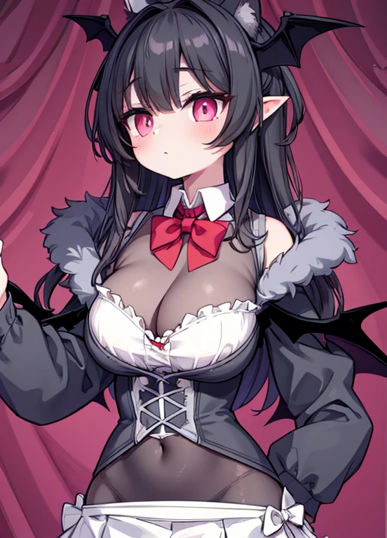 bat wings on sleeves, gray fur, gray bodysuit, ruffled white skirt, slim waist, large breasts, shaded face, pink eyes, cross pupils, bat wings on head, white collar, red bowtie on collar, elf ear, grey fluffy fur around shoulders, larger breasts, tent breast