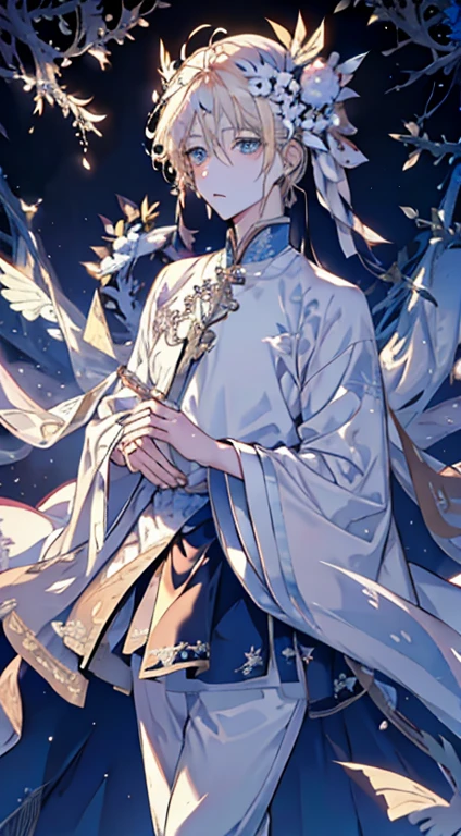 Angel ((There is a pair of snow-white wings behind)((Blonde))(high quality)4k 8k ((Snow White Wings))((There is a pair of snow-white wings behind))Man with wings on his head ((White Rose)) Long blond hair ((Ancient style man))Ancient style man(((Long blond hair)))