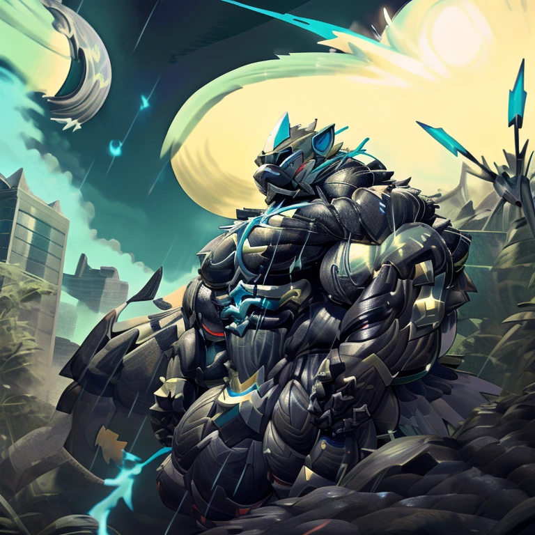 (zeraora), (gigantic muscles), 8K, Masterpiece, highres, future fiction. skyblue visor, Detailed head, Detailed Body, full body, Detailed abs, wearing crNanosuit, big muscle (pecs, triceps, traps) unusually developed muscular body, body full of huge muscles. showing off muscles, pectorales enormes. Exaggeratedly huge muscles. Gigachad Muscular, gigantic muscles, Colossal giant NANOSUIT over a battlefield,
The claws are sharp,
Sharp teeth,
Spread wings, have big wings.
nj5furry, Animal paws, thunderstorm, rainy weather, lightning,
holding a giant sword,