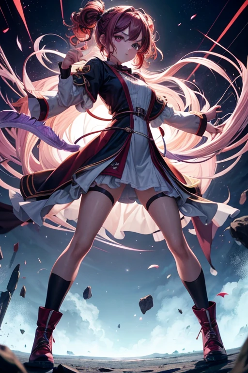 Chica de pelo corto morado, cuernos de carnero en espiral de color rojo sangre oscuro, con vestido blanco botas negras largas asta las rodillas, abrigo medico largo con una cruz roja en el lado derecho encima de los hombros, ojos color grisaseo., fondo liso, Una calidad de imagen ultraalta, 8k