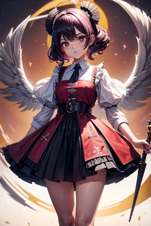 Chica de pelo corto morado, cuernos de carnero en espiral de color rojo sangre oscuro, con vestido blanco botas negras largas asta las rodillas, abrigo medico largo con una cruz roja en el lado derecho encima de los hombros, ojos color grisaseo., fondo liso, Una calidad de imagen ultraalta, 8k