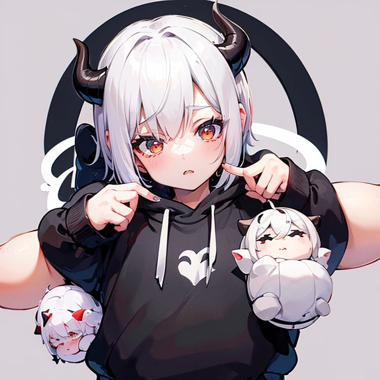 young woman, short white hair, black horns, black sweatshirt