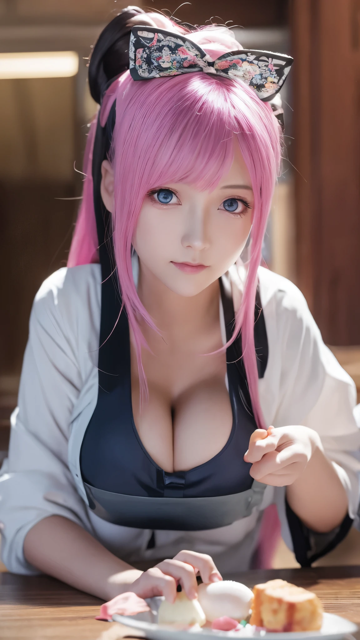 (Best quality, Ultra-detailed, photo-realistic:1.37), Silver-haired woman, (big breast:1.5), Fantastic blue eyes, Happy woman beating eggs with chopsticks, Soft lighting, pink apron, illustration, bangs, Flowing hair, Gentle breeze, Shiny hair, Thick egg whites, Close-up of black stockings, mitts, chef's hat.Blonde hair, Gradient hair, Pink hair, folded ponytail, blue halo, Glowing eyes, Wide eyes, drunk, Anime style, shadowing, back lit lighting, macro photograph, Close-up, first person perspective, head out of frame, hyper HD, High details, Best quality