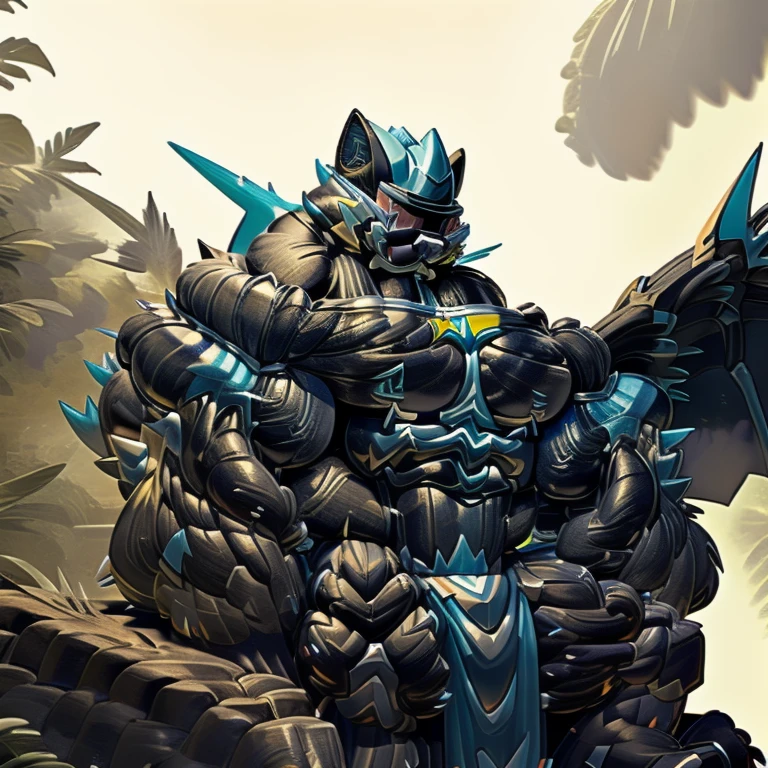 (zeraora), (gigantic muscles), 8K, Masterpiece, highres, future fiction. skyblue visor, Detailed head, Detailed Body, full body, Detailed abs, wearing crNanosuit, big muscle (pecs, triceps, traps) unusually developed muscular body, body full of huge muscles. showing off muscles, pectorales enormes. Exaggeratedly huge muscles. Gigachad Muscular, gigantic muscles, Colossal giant NANOSUIT over a battlefield,
The claws are sharp,
Sharp teeth,
Spread wings, have big wings.
nj5furry, Animal paws, sitting on the throne,