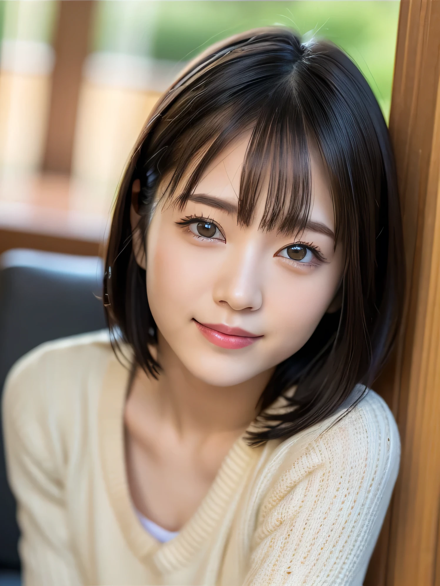 (highest quality:1.5)、(Realistic:1.5)、(1 person:1.5)、Very detailed、High resolution、8k wallpaper、、(Leaning forward)、forward leaning posture、Leaning forward、Woman wearing sweater、Small breasts、Natural color lips、Cute smile、Japanese women、20 year old girl、Thin eyebrows、Beautiful and elegant face、cute face、cute eyes、Big eyes、Fair skin、Beautiful and elegant face、Natural Bangs、Beautiful and thin nose、Beautiful Skin、Medium Bob Hair、Natural Bangs、Perfect and beautiful face、Slim face and figure、(Looking at the camera with a cute expression)、(Bright lighting)、Professional Lighting、 (Lighting from the front)、Natural smile、Beautiful clavicle、cute cleavage、Natural smile、cute、Brightly lit cafe、Open terrace seating、