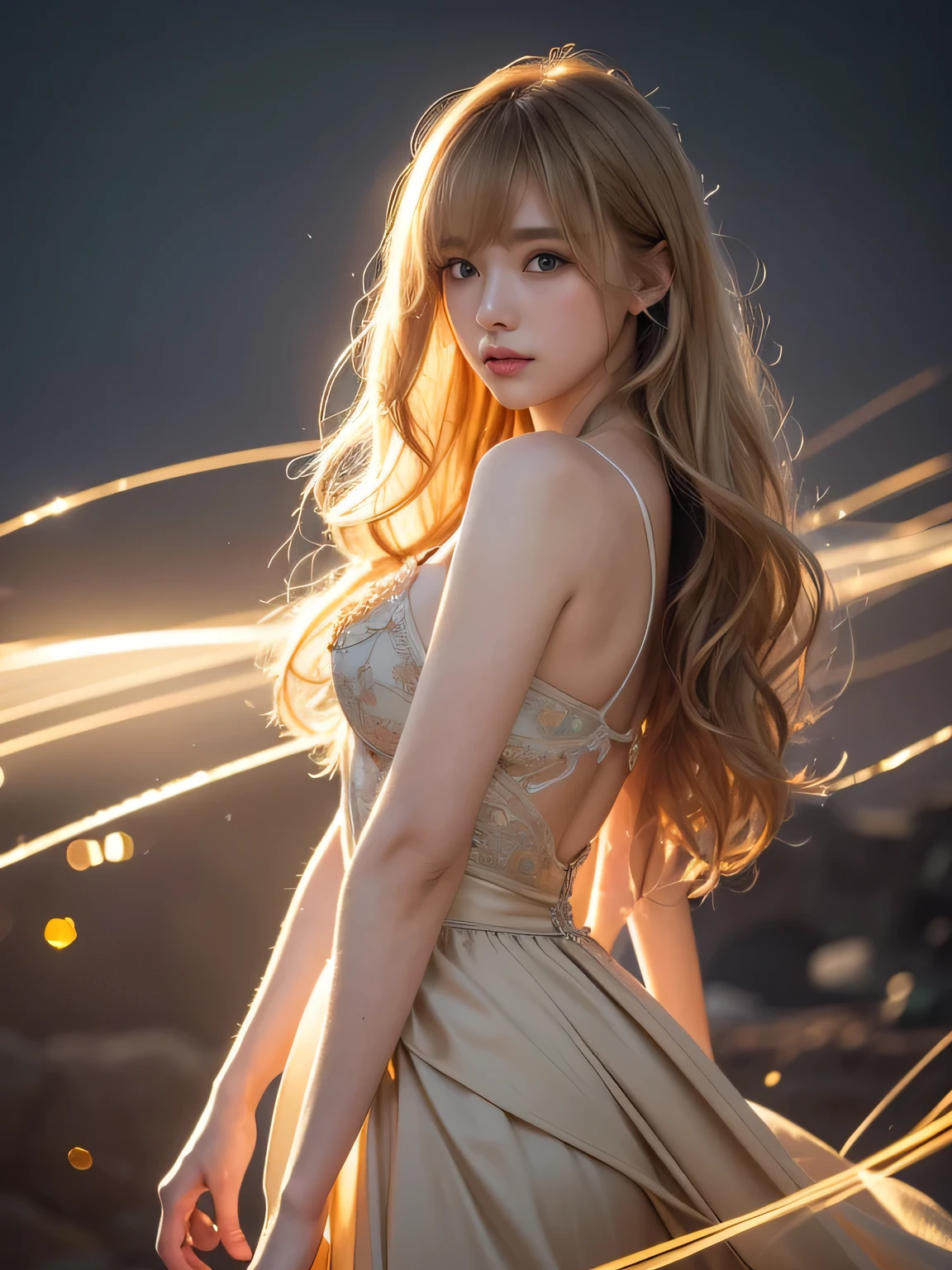 8K, Photographic images, masterpiece, 最high quality, Super-resolution,Low angle image, Beauty with golden curly hair, ((BlondeBeauty)), With bangs, Impossibly cute face, And slim, Small breasts, high quality, T Masterpiece, Exquisite Function, Delicate eye, delicate golden hair, 8K quality, Pale light and shadow, Dindal effect, disheveled golden hair, With bangs,(logo、masterpiece、8k、Tabletop、RAW Photos、wonderful、最high quality、Photorealistic and very detailed CG synthesis 8k wallpaper、high quality、Very detailed、Narrative poem、Particle Effects、Dynamic Effects、Written boundary depth、Cinematic Light、Lens flare、Ray Tracing)、Fantasy、Angle from the front ground、Full body images、 (one person&#39;s２８Old beautiful woman、Strong Wind、The skirt flips up in the wind、T-Shirts、Light skirt、The body lines are perfectly visible、Tube top、Crop top、High heels、Blonde、Beautiful Face、True Face、Beautiful details、eye、Beautiful Skin、Ultimate Body、glamorouy skirt flutters in the wind、Hair flutters in Wind、Hair bounces、Seaside、Wonderful views、Coastal、sunrise、Sun in the background、Wind、Beach