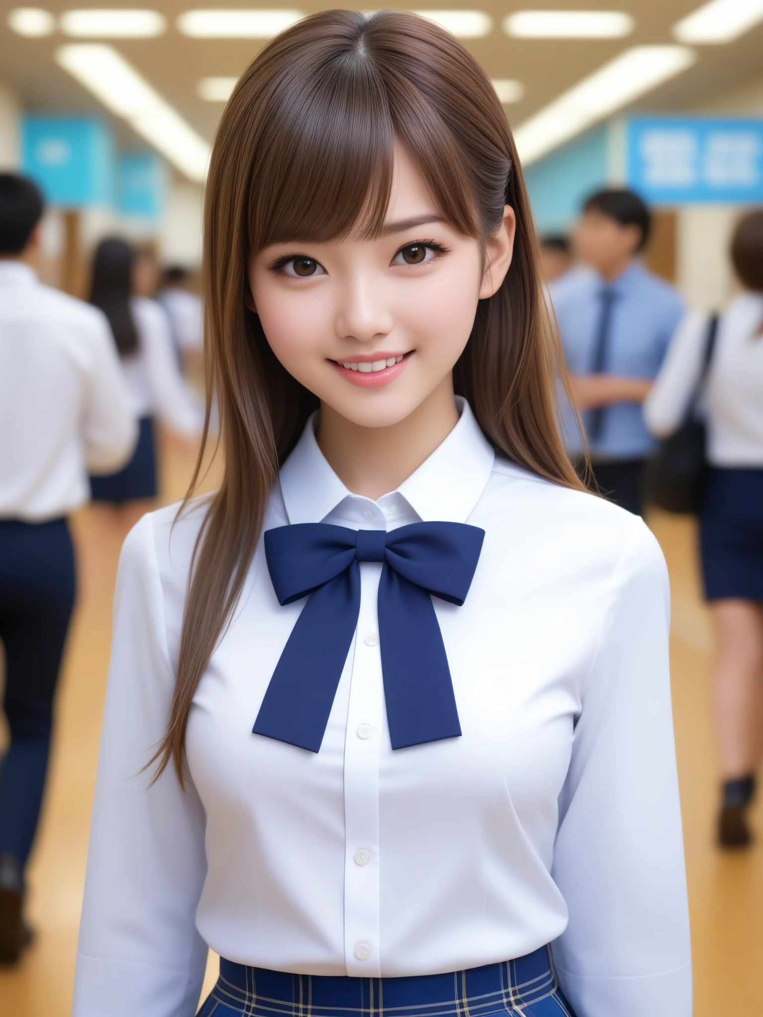 product quality, 1girl, upper body shot, front view, a Japanese young pretty girl, 18 years old, short hair, walking with a big smile on a crowded corridor in a high school, glamorous figure, busty, wearing a white collared shirt of long sleeves, plain dark blue bow tie, dark blue tartan plaid pleated skirt, a school bag on her shoulder, hyper cute face, glossy lips, double eyelids in both eyes, natural makeup, long eyelashes, shiny smooth light brown hair, asymmetrical bangs, fair skin, central image, high resolution, high detail, detailed hairstyle, detailed face, spectacular cinematic lighting, octane rendering, vibrant, hyper realistic, perfect limbs, perfect anatomy