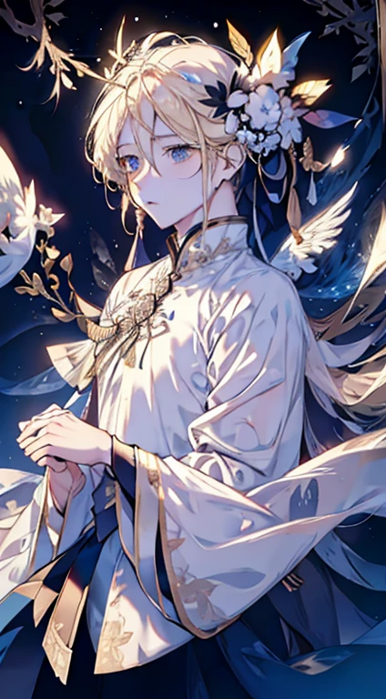Angel Wings ((There is a pair of snow-white wings behind)((Blonde))(high quality)4k 8k ((Snow White Wings))((There is a pair of snow-white wings behind))Man with wings on his head ((White Rose)) Long blond hair ((Ancient style man))Ancient style man(((Long blond hair)))