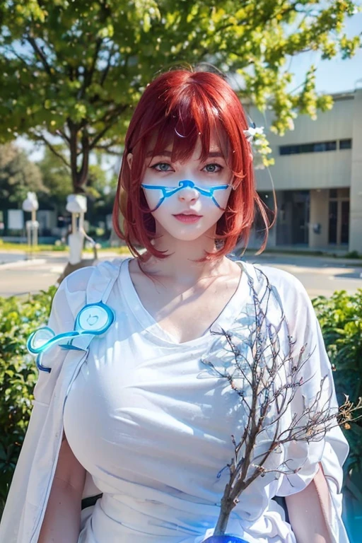 (shiny white skin:1.6),(a girl with hugebigbreast:1.5),(cute face:1.5) ,(hospital gown:1.5),(bangs:1.4) (mysterious blue glowing recognition tree:1.6),(red hair:1.3), 