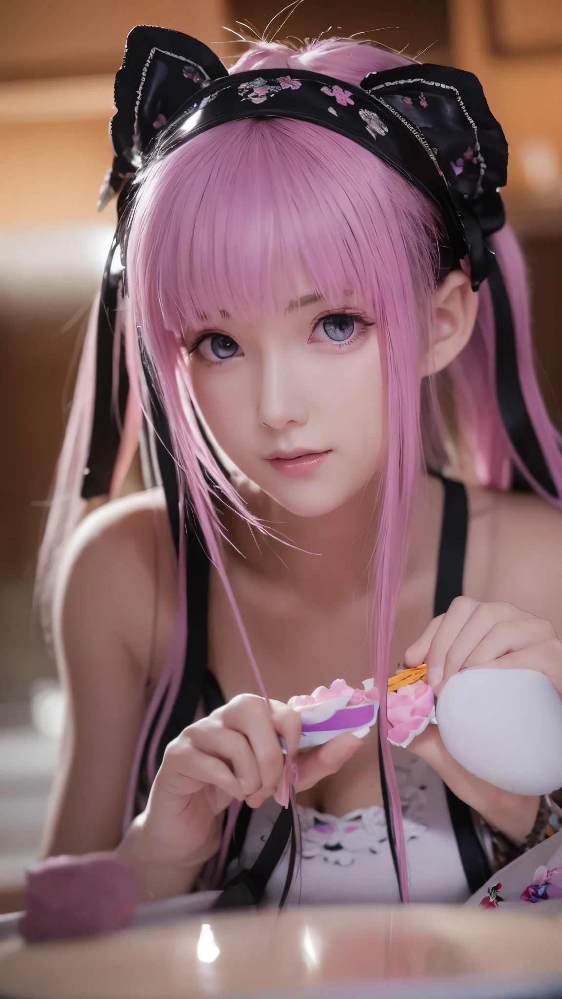 (Best quality, Ultra-detailed, photo-realistic:1.37), Silver-haired woman, (big breast:1.5), Fantastic blue eyes, Happy woman beating eggs with chopsticks, Soft lighting, pink apron, illustration, bangs, Flowing hair, Gentle breeze, Shiny hair, Thick egg whites, Close-up of black stockings, mitts, chef's hat.Blonde hair, Gradient hair, Pink hair, folded ponytail, blue halo, Glowing eyes, Wide eyes, drunk, Anime style, shadowing, back lit lighting, macro photograph, Close-up, first person perspective, head out of frame, hyper HD, High details, Best quality