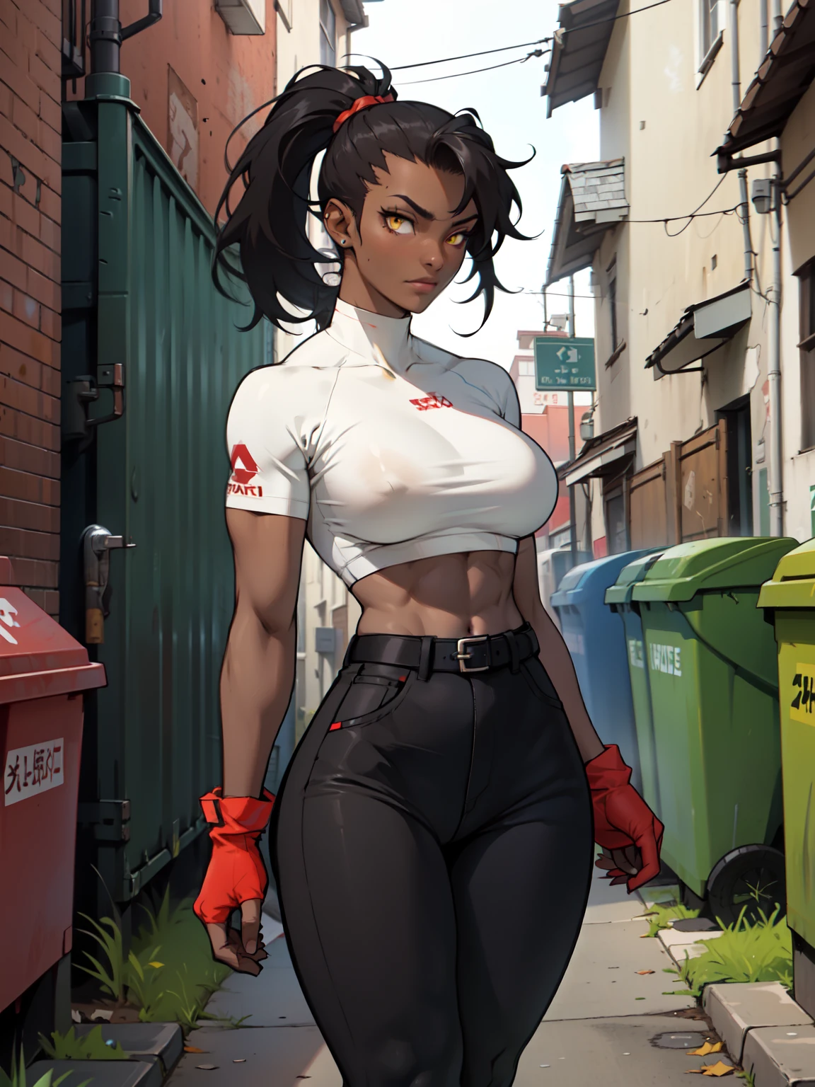 girl (((slim girl thin girl slim physique girl thin waist large breasts skinny))) very dark skin black skin very dark brown skin black hair mohawk ponytails yellow eyes back alley darkatmosphere trash bins blowing paprs in the wind
