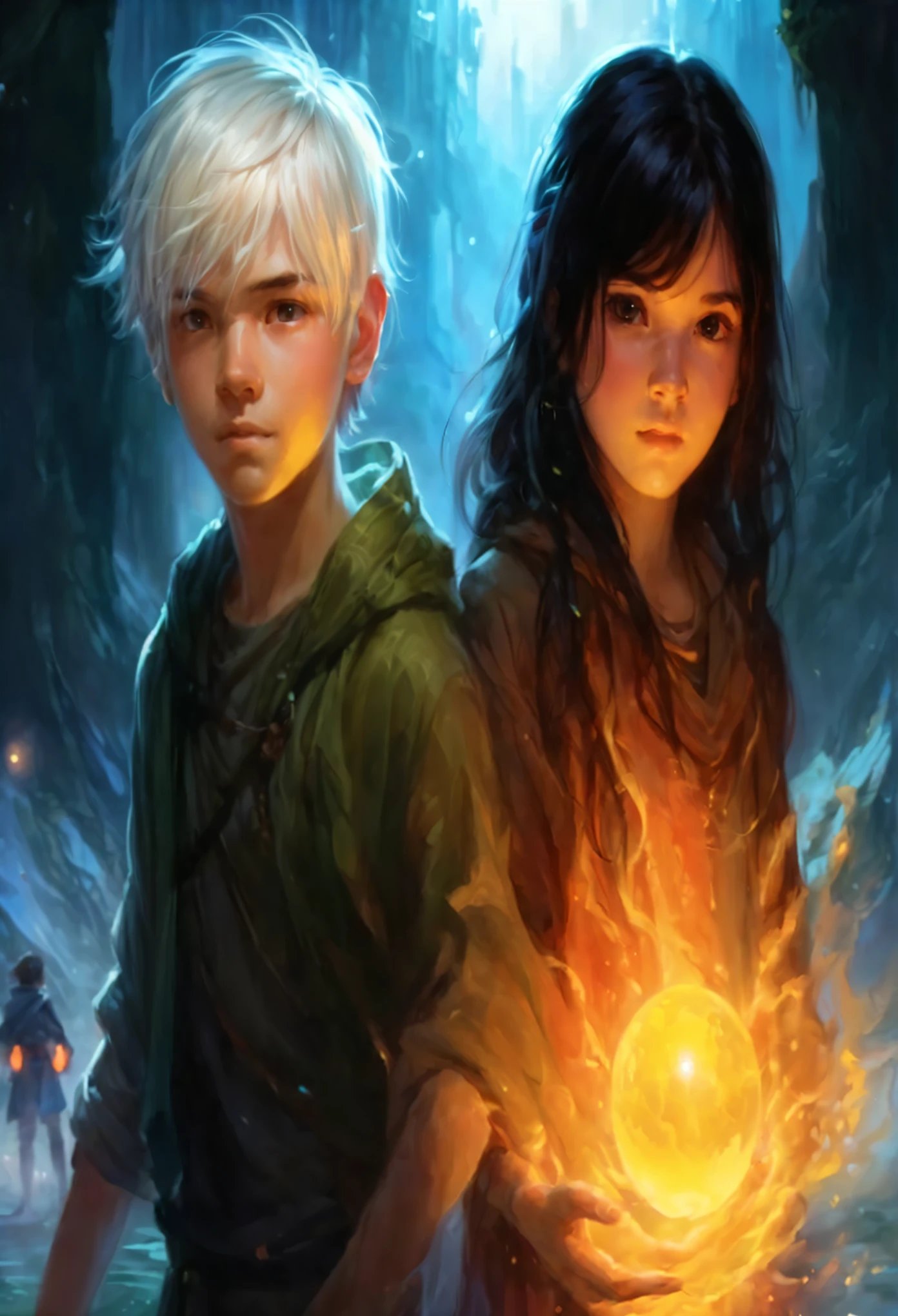 two children stand next to each other with a glowing ball, drawn by Andreas Rocha, Andreas Rocha and John Howe, Andreas Rocha, Cover of a young adult fantasy novel, loish and ross tran, James Gurney and Andreas Rocha, Edgar Maxence and Ross Tran, Artgerm and Atey Gaylan, Graphic artist Magali Villeneuve