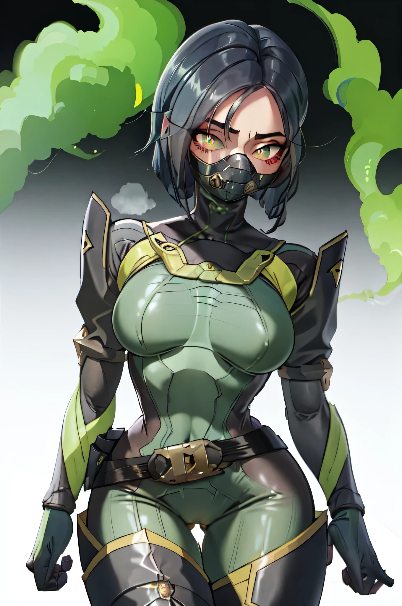 masterpiece, best quality, valorantViper, bodysuit, gloves, belt, thigh boots, respirator, looking at viewer, face, portrait, close-up, glowing eyes, green smoke, black background  