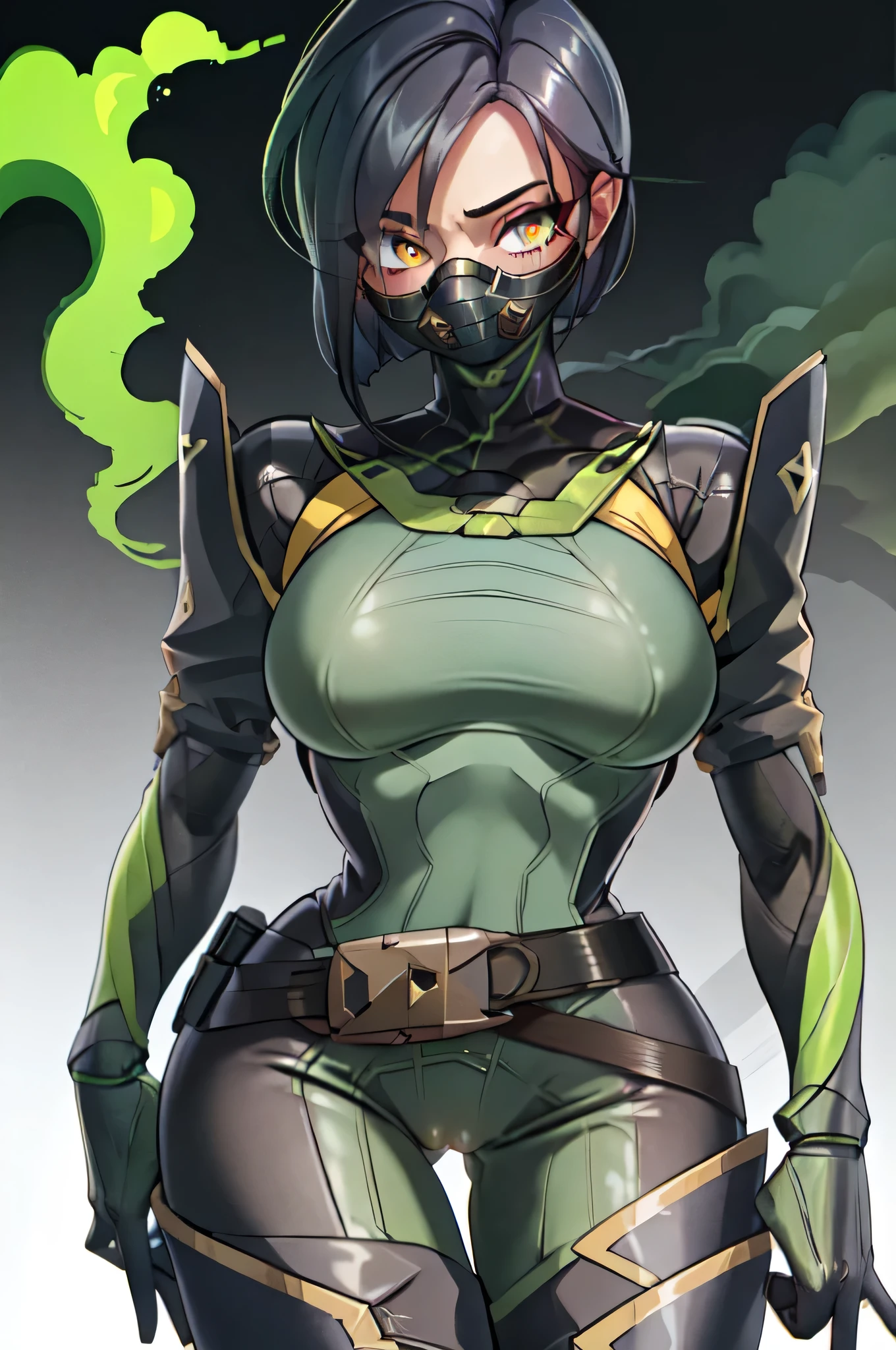 masterpiece, best quality, valorantViper, bodysuit, gloves, belt, thigh boots, respirator, looking at viewer, face, portrait, close-up, glowing eyes, green smoke, black background  