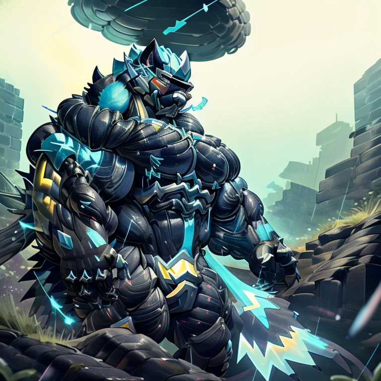 (zeraora), (gigantic muscles), 8K, Masterpiece, highres, future fiction. skyblue visor, Detailed head, Detailed Body, full body, Detailed abs, wearing crNanosuit, big muscle (pecs, triceps, traps) unusually developed muscular body, body full of huge muscles. showing off muscles, pectorales enormes. Exaggeratedly huge muscles. Gigachad Muscular, gigantic muscles, Colossal giant NANOSUIT over a battlefield, 
The claws are sharp,
Sharp teeth,
Spread wings, have big wings.
nj5furry, Animal paws, thunderstorm, rainy weather, lightning,

