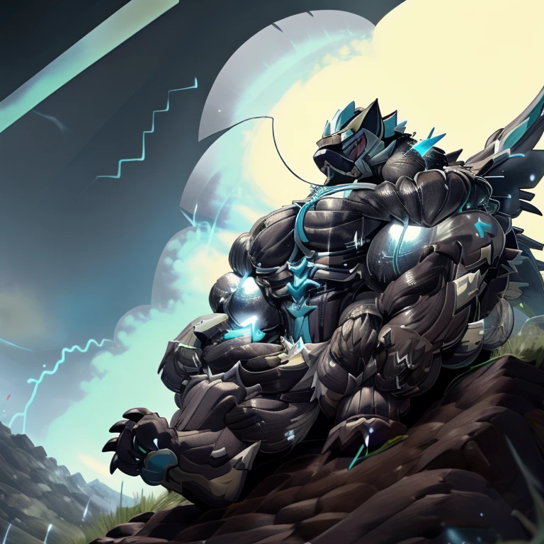 (zeraora), (gigantic muscles), 8K, Masterpiece, highres, future fiction. skyblue visor, Detailed head, Detailed Body, full body, Detailed abs, wearing crNanosuit, big muscle (pecs, triceps, traps) unusually developed muscular body, body full of huge muscles. showing off muscles, pectorales enormes. Exaggeratedly huge muscles. Gigachad Muscular, gigantic muscles, Colossal giant NANOSUIT over a battlefield,
The claws are sharp,
Sharp teeth,
Spread wings, have big wings.
nj5furry, Animal paws, thunderstorm, rainy weather, lightning,