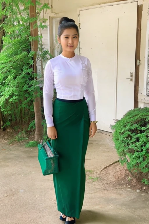 A school teacher is 30years old.Tall, thin, big hips, big breasts, blonde hair, small lips, blue eyes, attractive, 64K.Top=white Burmese blouse,With long sleeves,Buttoned at the side.Bottom=(Dark green) long skirt.
Footwear=female Burmese sandals,The hair is knotted bun.European.