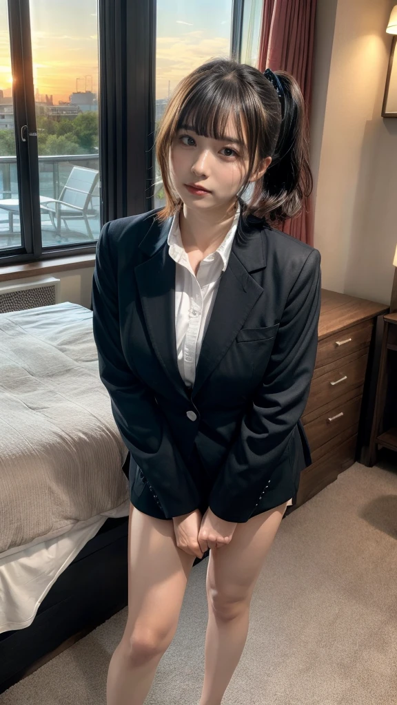 muste piece, best quality, illustration, Super detailed, fine details, High resolution, 8K,wall paper, perfect dynamic composition,(Details High quality, realistic depiction of eyes:1.3), short hair, (wavy hair:1.2), Office Lady, ,Suit,Collared shirt, Black Suit,Black jacket, pony tail hair, huge breasts,  black hair color, Big Natural Color Lip, bold sexy pose, crying a little、cold gaze, Harajuku style、20 year old girl、cute type、lolita、beautiful legs, hotel room, full body photo、focus on crotch, hposing Gravure Idol, Sexy shot looking at camera, Sunset, by the window, Summer, make up, Curve