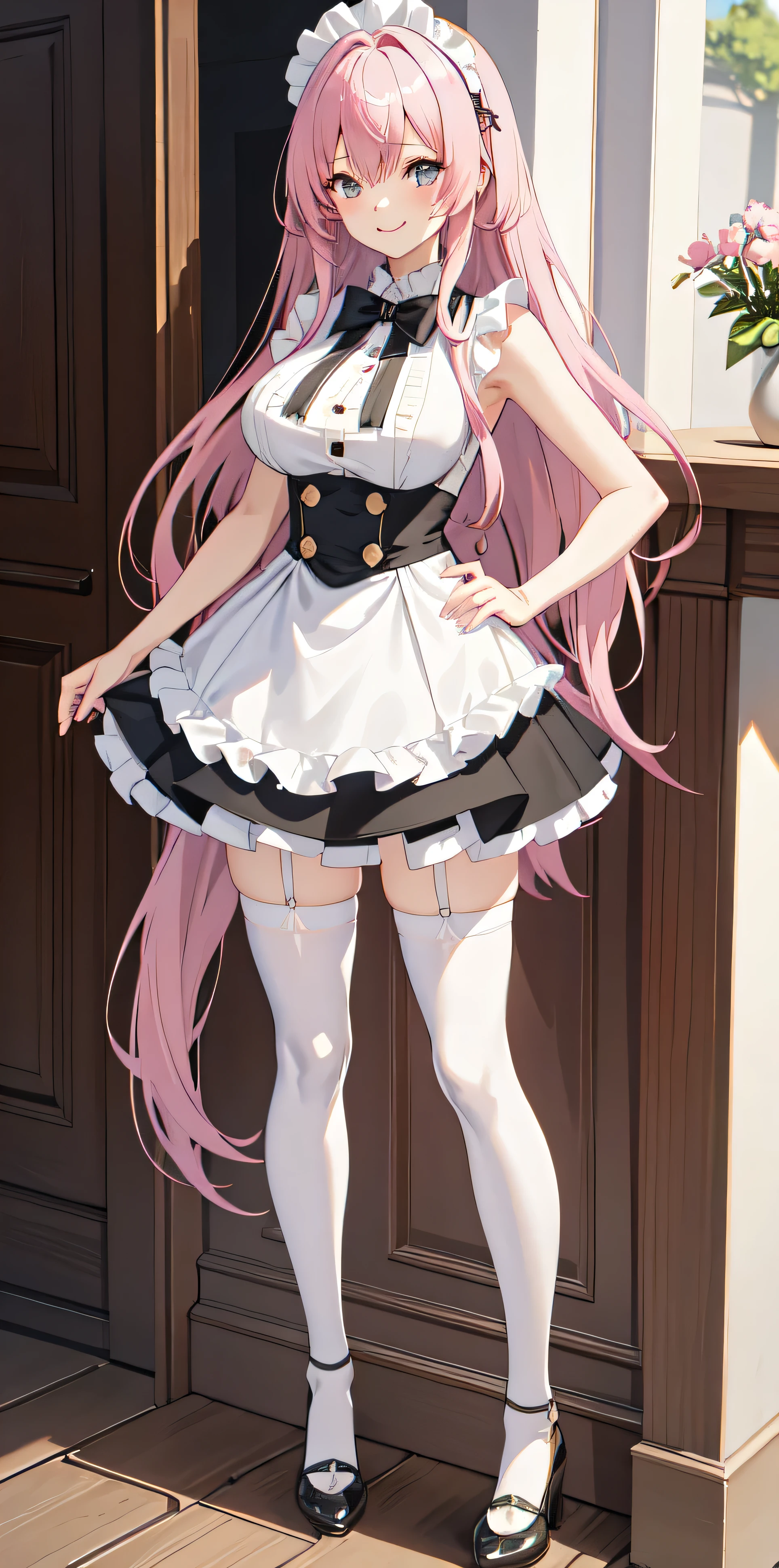 best quality, masterpiece, high resolution, Solitary, Pink Hair, long hair, Bangs, Smile, 1 girl, closure_Mouth, Tight maid outfit，sleeveless，Big breasts，Short skirt，White stockings，Black leather shoes，superior body，Rich in details, Very detailed, depth, Many parts ，Japanese style，Role List, whole body, Standing，Front view