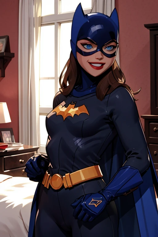 (best-quality:0.8), perfect anime illustration, babs, 1girl, solo, long hair, smile, blue eyes, bedroom, gloves, belt, blue cape, lips, bodysuit, makeup, mask, lipstick, hands on hips, red lips, superhero,