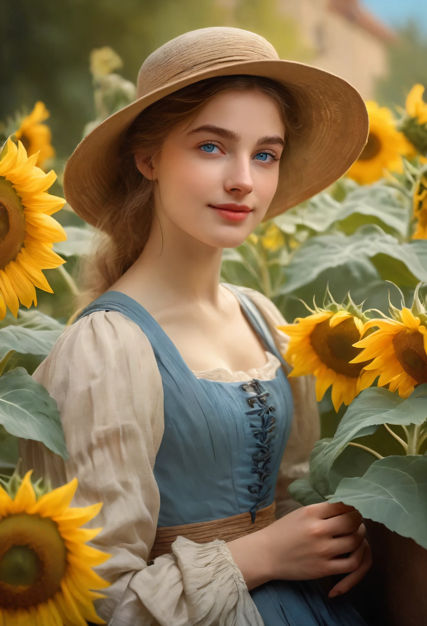 (best quality,highres,masterpiece:1.2),ultra-detailed,(realistic,photorealistic,photo-realistic:1.37), A French girl,19th century,************, merchant's daughter, (dreamy blue eyes:1.5), high nose, holding a bunch of sunflowers, detailed facial features elegant posture, vintage clothing, flowing silk dress, the Mars background, soft sunlight, subtle bokeh, vivid colors, impressionist style, detailed brushstrokes, classical composition, graceful expression, Waist up, dynamic angle, White skin, Surrealism, Dreamy atmosphere, smiling