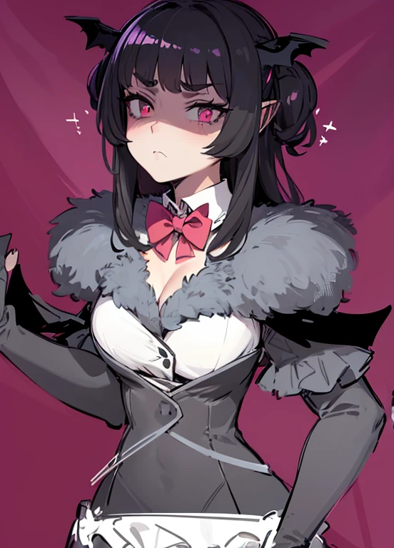 bat wings on sleeves, gray fur, gray bodysuit, ruffled white skirt, slim waist, large breasts, shaded face, pink eyes, cross pupils, bat wings on head, white collar, red bowtie on collar, elf ear, grey fluffy fur around shoulders, larger breasts, tent breast, shaded face, serious face, frown, ruffles on skirt