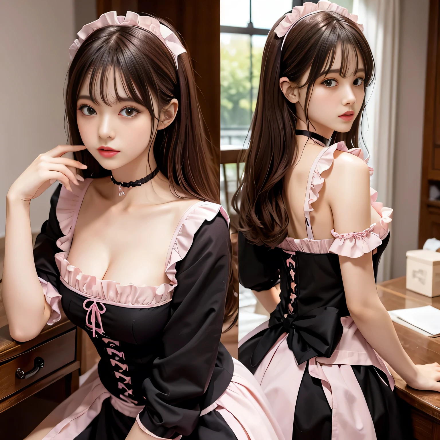 Pink maid outfit and black choker、Ultra-high resolution、Powerful Images、8K Slender Woman、Super big 、brown hair short perm