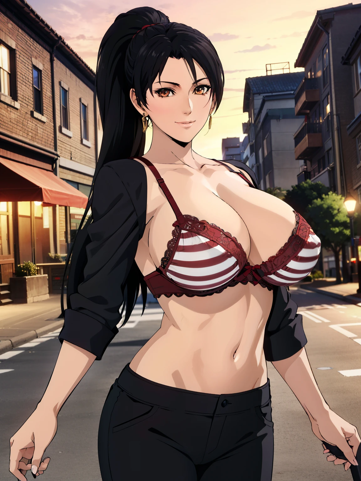 red striped bra, black pants, side city street background, momiji, anime cels style, best quality, high resolution, 1girl, (huge breasts:1.2), mature woman, 27 yo, beautiful face, black hair, long hair, ponytail, brown eyes, cowboy shot, light smile