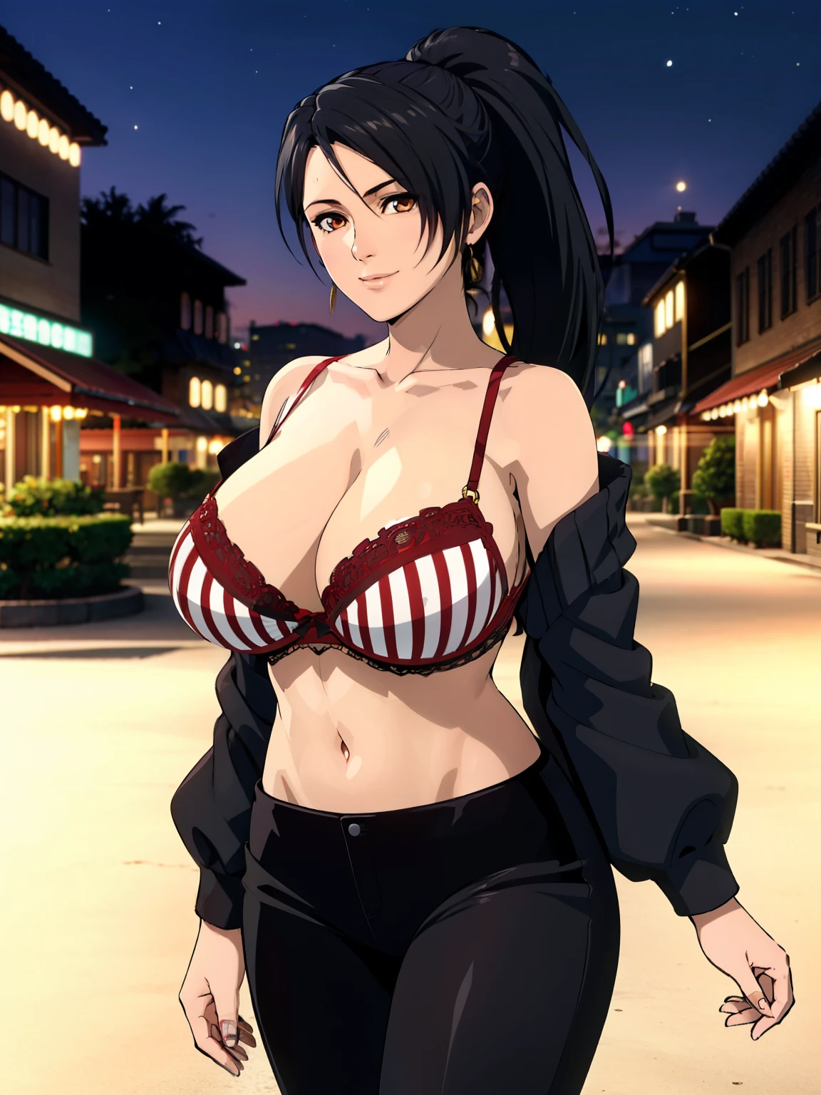 red striped bra, black pants, side city street background, momiji, anime cels style, best quality, high resolution, 1girl, (huge breasts:1.2), mature woman, 27 yo, beautiful face, black hair, long hair, ponytail, brown eyes, cowboy shot, light smile