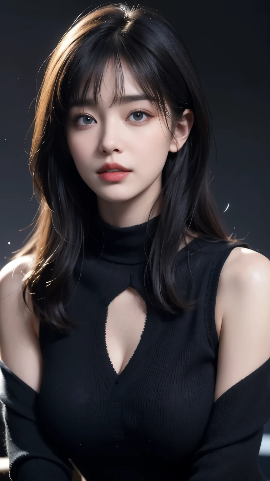 masterpiece, best quality, ultra-detailed, intricately detailed hyperdetailed, realistic, sharp features, highly detailed, sharp focus, perfect face, perfect face, perfect symmetrically perfect eyes, perfect full lips, flexible female form, cinematic, film light, hyper detailed, hyper realistic, high resolution, vibrant, dynamic studio lighting, ((Dark background)), Sexy face, Facial expressions when receiving pleasure, straight Bangs, Big breasts, Exposed cleavage, blue Eyes,black sweater, cowboy shot,