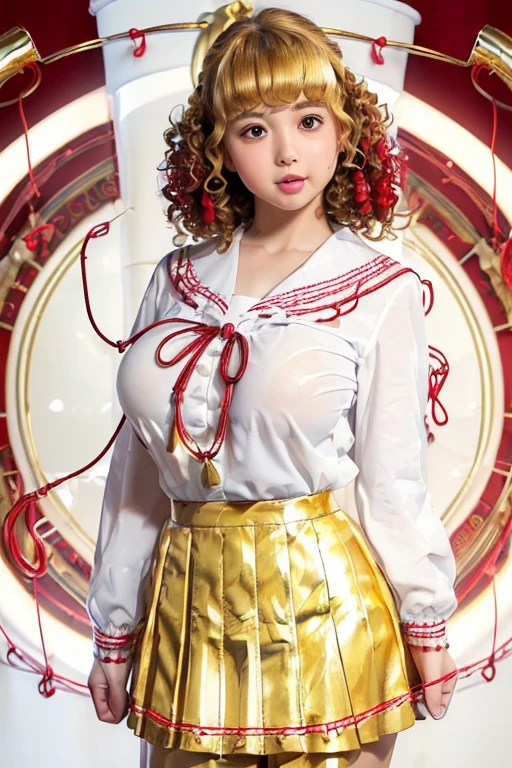 (shiny white skin:1.4),(a girl with bigbreast:1.6),(cute face:1.5) ,(curly bangs:1.5) (mystic gold pedestal of qualifications with much red strings:1.6) ,(white blouse:1.4),(school uniform:1.5)