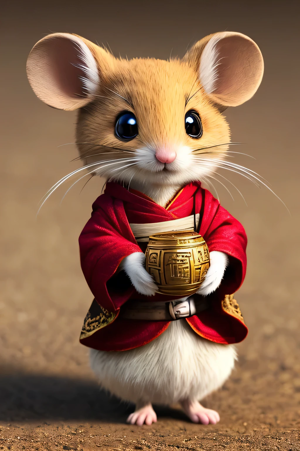 Anthropomorphic, small cute and lovely little Cute mouse, dressed in elegant red hanfu, holding gold ingots, the ground covered with gold coins, Silk, Fluffy Mane, Big Eyes, Red Cliff, Chinese Culture, ZBrush, Dramatic Lighting, Full Body Portrait, Realism, Fine Detail, Photorealism, film lighting, Complex Details, Octane Rendering, Unreal Engine, 8K --ar 9:16 --testp --upbeta