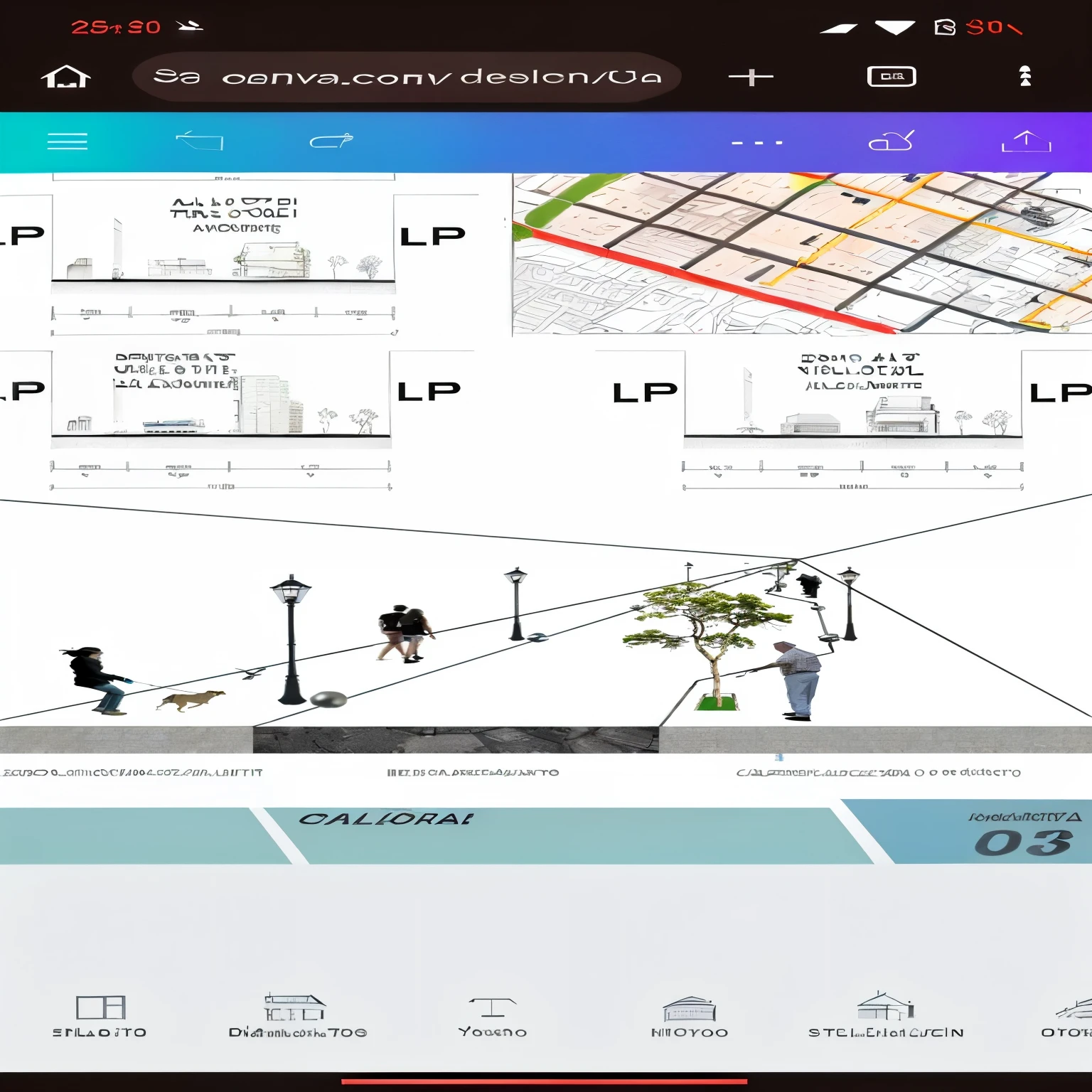 a closeup of a map of a street with people walking and a vehicular lane where a car should be, detallado street, conceptual, perspectiva del suelo; detallado, espacio publico, paisaje urbanos, perspectiva del paisaje, calles de la prefectura, parks and espacio publico, calle inclinada, perspectiva de la calle, proporcional, illustration", paisaje urbano, high resolution details, representation, Detalles correctos, architectural presentation, Graphic detail, conceptual art