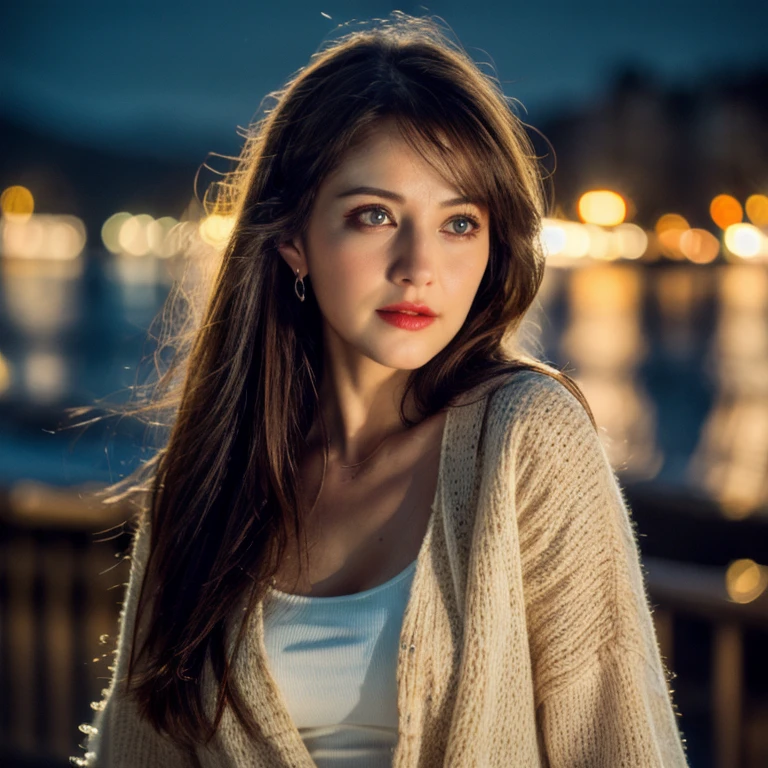 best quality, ultra-detailed, an extremely delicate and beautiful, depth of field, ultra high res, (photorealistic:1.4), 1 milf, long hair, casual wear, cute, lakeside, (night:1.5)