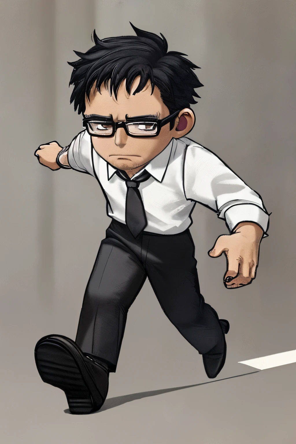 Chibi character, office worker, middle-aged man, wearing glasses, style like in a children's book, he has black hair parted in the center, he is 40 years old, short hair with some gray hair mixed in, running to get home quickly, drawing is by himself, wearing a white shirt and black slacks, no background, no animals