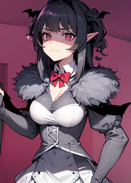 bat wings on sleeves, gray fur, gray bodysuit, ruffled white skirt, slim waist, large breasts, shaded face, pink eyes, cross pupils, bat wings on head, white collar, red bowtie on collar, elf ear, grey fluffy fur around shoulders, larger breasts, tent breast, shaded face, serious face, frown, better face, grin, large breasts