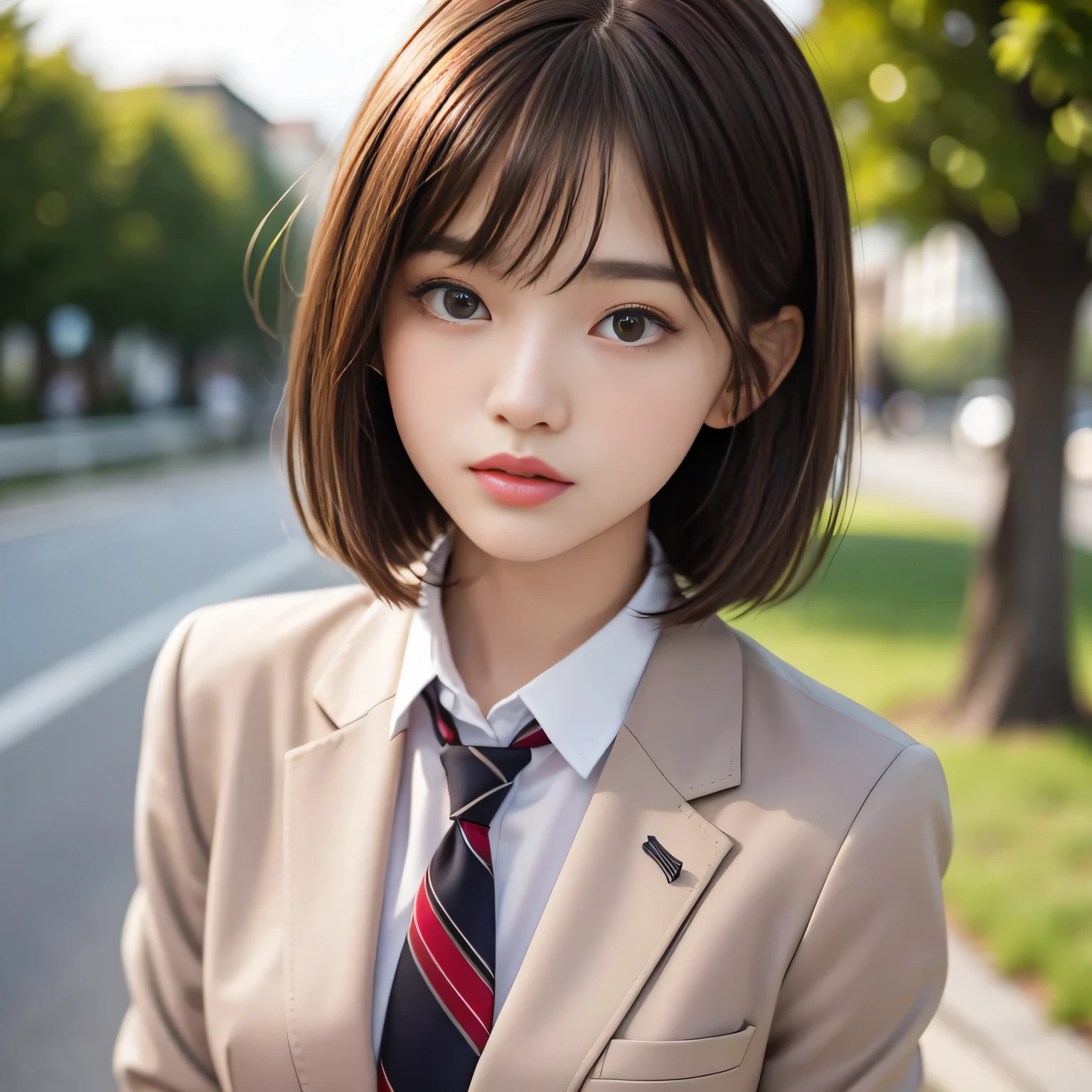 18 year old high school girl、Blazer uniform、Ultra-high resolution、Powerful Images、8K Slender Woman、Super big 、Brown hair short bob