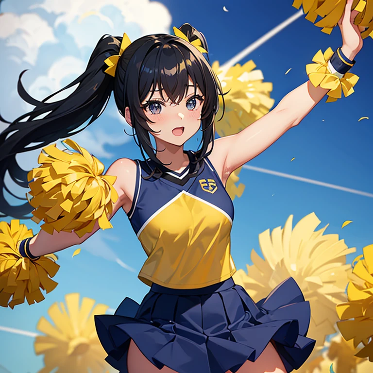 anime pfp of black girl wearing cheerleader uniform with the cheer uniform being navy blue and gold
