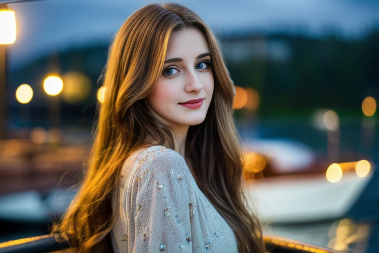 best quality, ultra-detailed, an extremely delicate and beautiful, depth of field, ultra high res, (photorealistic:1.4), 1 milf, long hair, casual wear, cute, lakeside, (night:1.5)