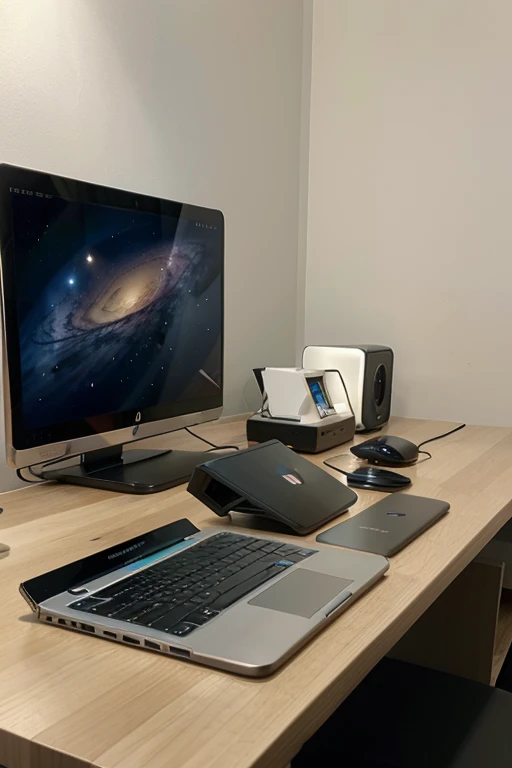 Las Apple vision pro, junto con el Galaxy Ring y el Pc plegable de hp juntos, en un mesa c