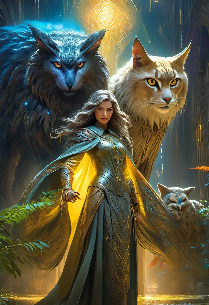 best quality,4k,8k,highres,masterpiece:1.2,ultra-detailed,realistic:1.37,HDR,UHD,studio lighting,ultra-fine painting,sharp focus,physically-based rendering,SFW,(safe for work), A nordic woman and her guardian familiar, mystical creature,otherworldly creature,enchanting companions,wearing stylish futuristic clothes,wide angle, dynamic poses, (The woman, with her eyes brightly colored, no makeup and her nordic facial features elegantly detailed, adding to her allure. Dressed in elegant casual clothes with a stylish futuristic jacket.), (She is accompanied by a guardian, a lynx and owl mixed creature with exquisite appearance features resembling a hippogriff. The creature's presence adds a sense of wonder and magic to the scene.), (The woman and her companion stand in a dark and gothic city, a modern metropolis with exotic alien plants, and vibrant signs. The colors are vibrant, with a mixture of olives, browns, and yellows creating a dreamlike atmosphere.), (The lighting is soft but illuminating, casting a gentle glow on both the woman and the creature.), (The overall composition has a realistic and photorealistic quality, capturing the essence of the scene in intricate detail.), (The art style is inspired by Yoshitaka Amano, known for his ethereal and otherworldly illustrations. The combination of realistic elements with the artist's unique style creates a captivating and visually stunning image.),Greg Rutkowski